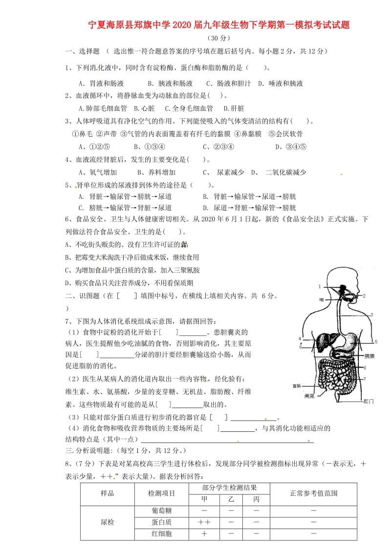 [精选类]宁夏海原县郑旗中学202x届九年级生物下学期第一模拟考试试题（无答案）.doc_第1页