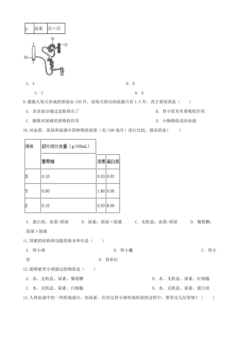 [精选类]202x学年七年级生物下册 第4单元 第11章 第2节 尿的形成与排出同步练习（无答案）（新版）北师大版.doc_第2页