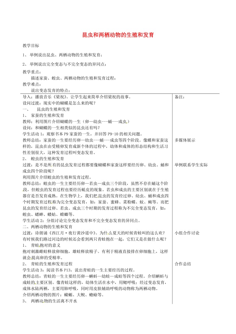 [精选类]内蒙古包钢五中八年级生物上册《7.1.2 昆虫和两栖动物的生殖和发育》教案 新人教版.doc_第1页