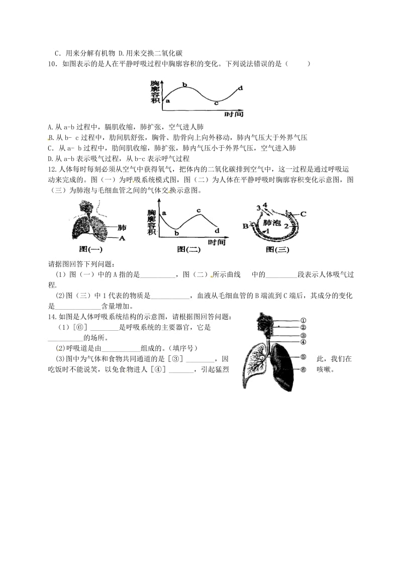 [精选类]山东省胶南市王台镇中心中学七年级生物下册《第四单元 第三章 人体的呼吸》复习题2（无答案）（新版）新人教版.doc_第2页