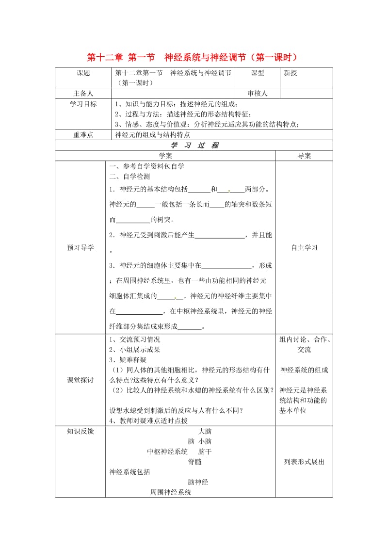 [精选类]202x年七年级生物下册 第十二章 人体的自我调节 第一节 神经系统与神经调节（第一课时）导学案（无答案） 北师大版.doc_第1页