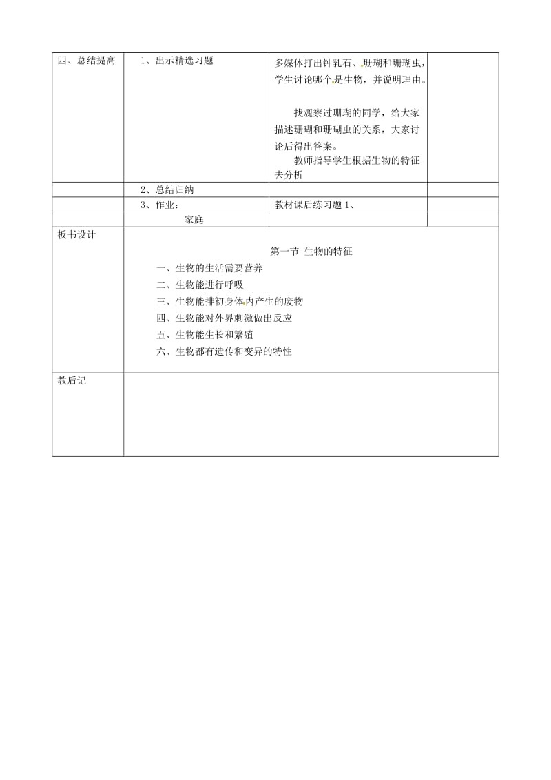 [精选类]吉林省梅河口市曙光镇中学七年级生物上册 1.1.1 生物的特征教案 （新版）新人教版.doc_第3页