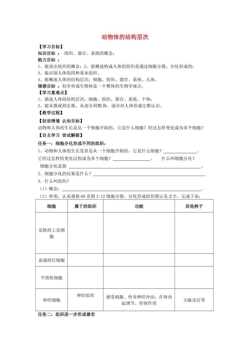 [精选类]七年级生物上册 2.2.2 动物体的结构层次导学案（无答案）（新版）新人教版（通用）.doc_第1页