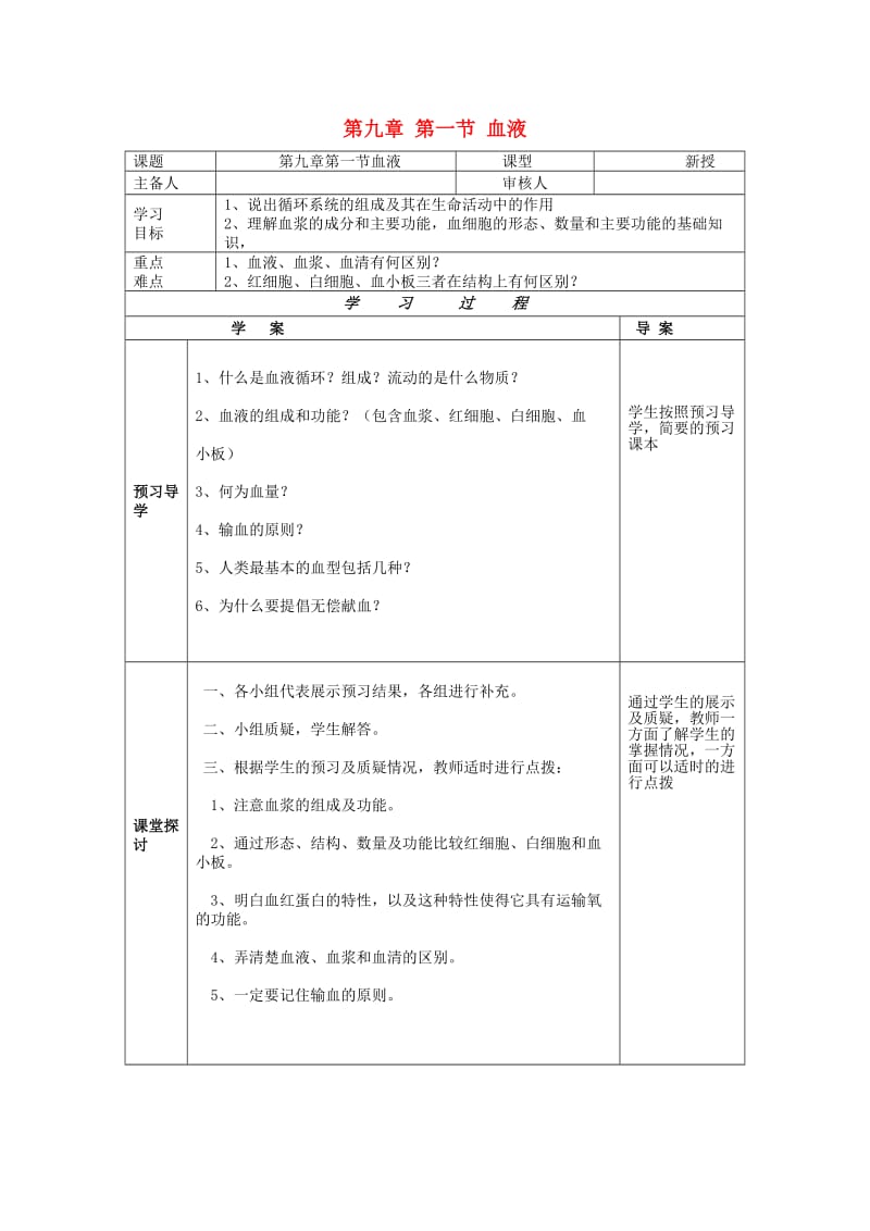 [精选类]202x年七年级生物下册 第九章 人体内的物质运输 第一节 血液导学案（无答案） 北师大版.doc_第1页