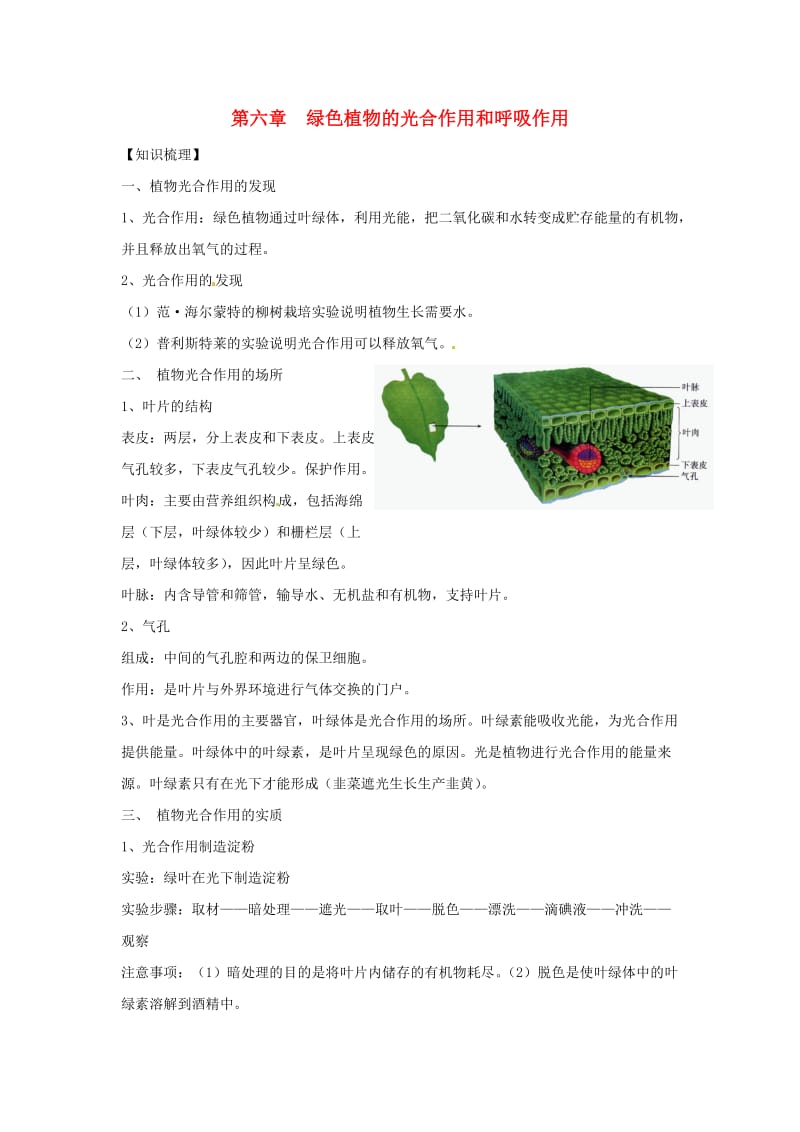 [精选类]七年级生物上册 第6章绿色植物的光合作用和呼吸作用复习学案 苏教版（通用）.doc_第1页