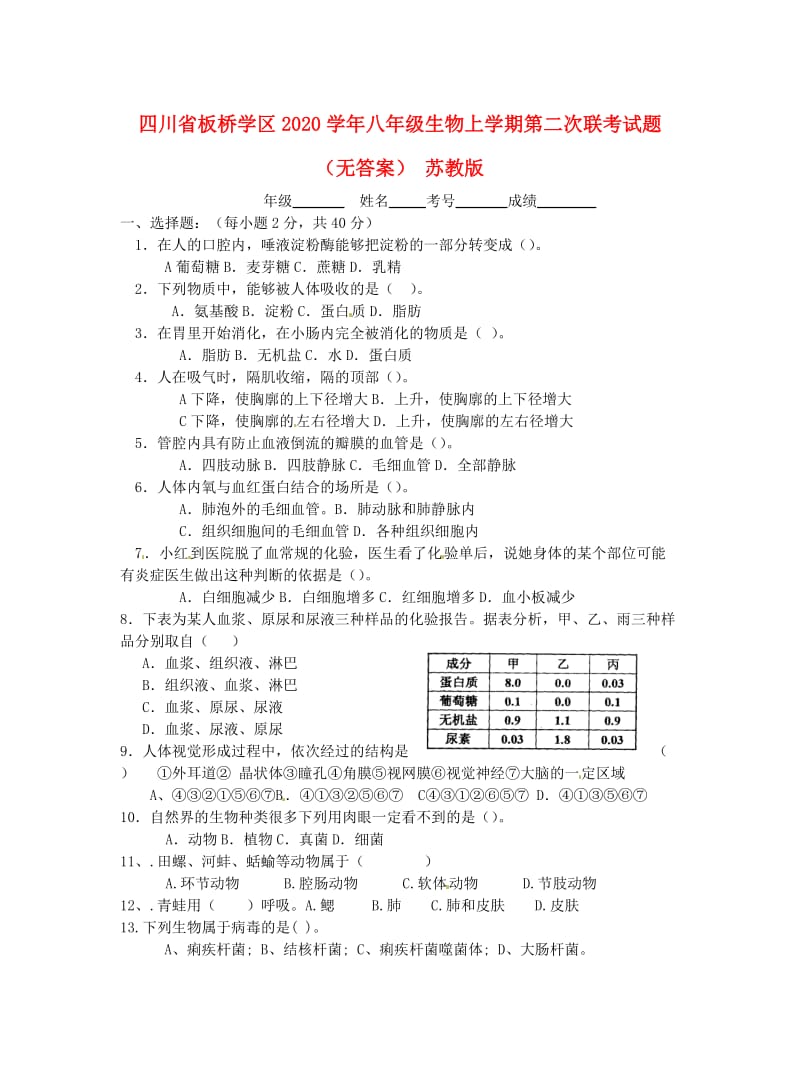 [精选类]四川省板桥学区202x学年八年级生物上学期第二次联考试题（无答案） 苏教版.doc_第1页