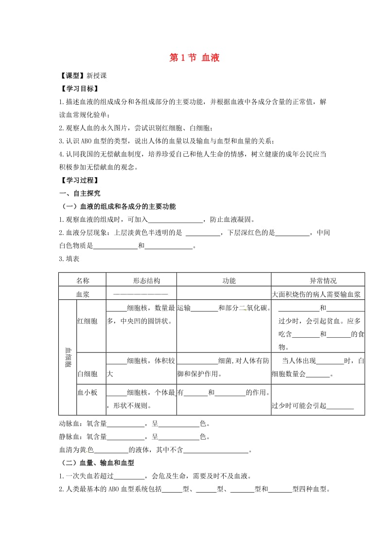 [精选类]七年级生物下册 9.1 血液学案（无答案） 北师大版.doc_第1页