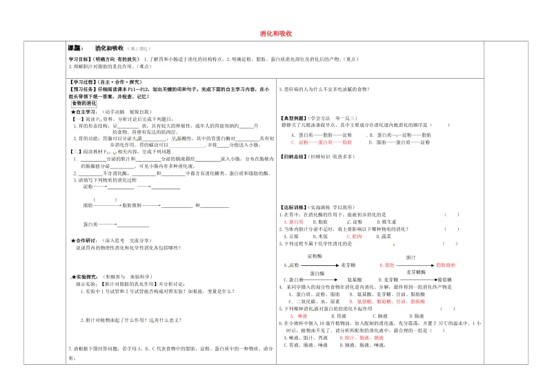 [精选类]山东省济宁市梁山韶华中学七年级生物下册 3.1.2 消化和吸收（第2课时）导学案（无答案） 济南版.doc_第1页