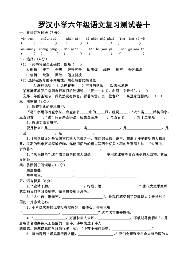 罗汉小学六年级语文复习测试卷十.doc_第1页