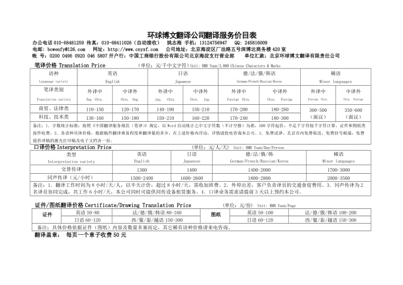 《翻译服务价目表》（Word）.doc_第1页