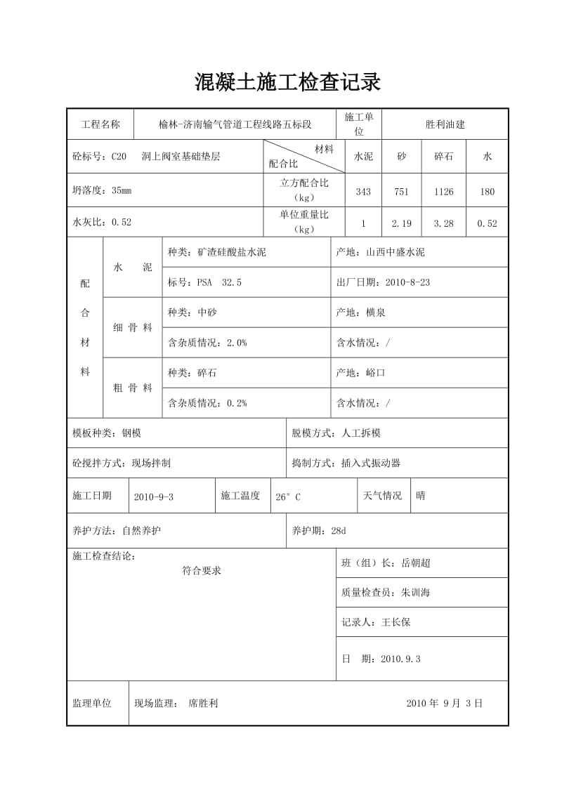 混凝土施工检查记录（Word）.doc_第1页