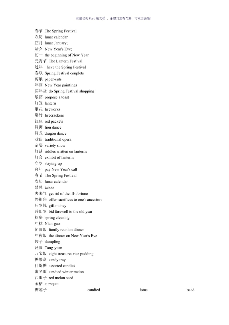 关于春节的英语单词Word版.doc_第1页