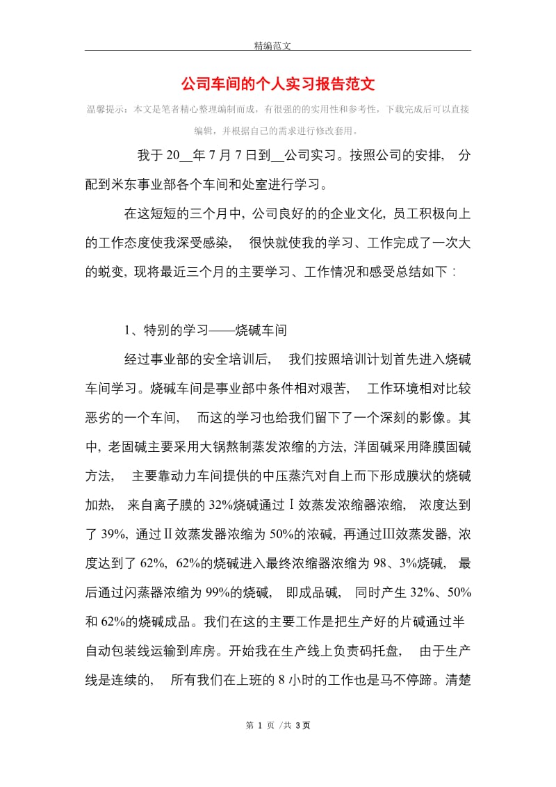 公司车间的个人实习报告范文精选.doc_第1页