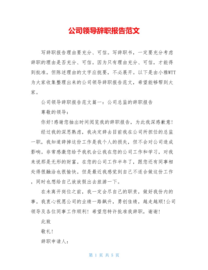 公司领导辞职报告范文.doc_第1页