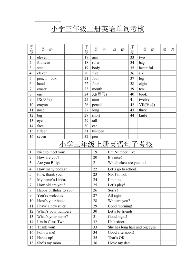 小学三年级英语上册单词考核.doc_第1页