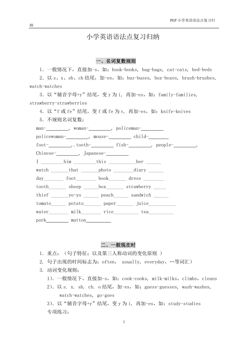 pep小学六年级毕业英语语法复习要点归纳(人教版).doc_第1页