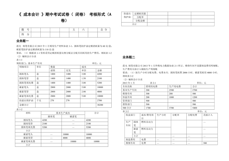 《 成本会计 》期中考试试卷（ 闭卷） 考核形式（A卷）.doc_第1页