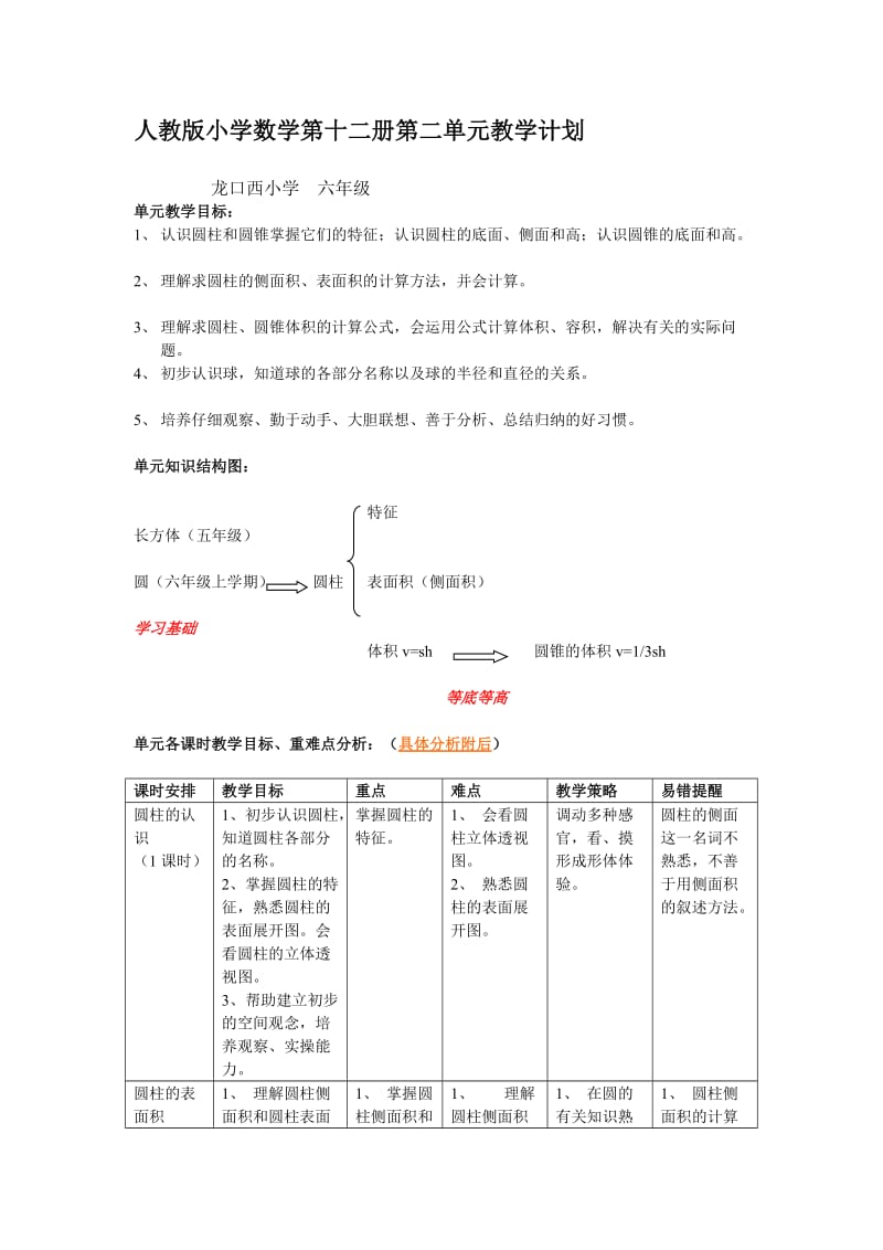 人教版小学数学第十二册第二单元教学计划教案.doc_第1页