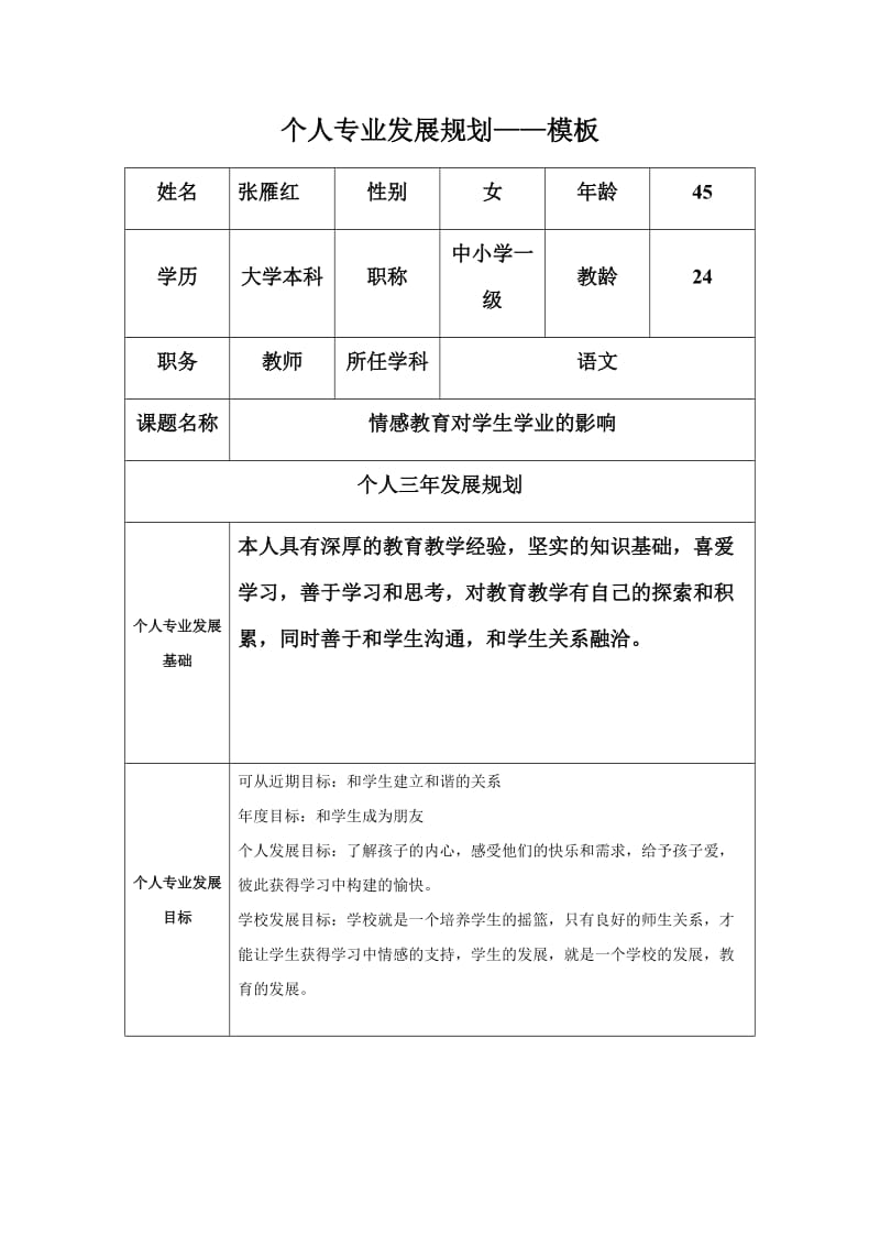 个人专业发展规划模板西航三校一年级张雁红 (2).docx_第1页