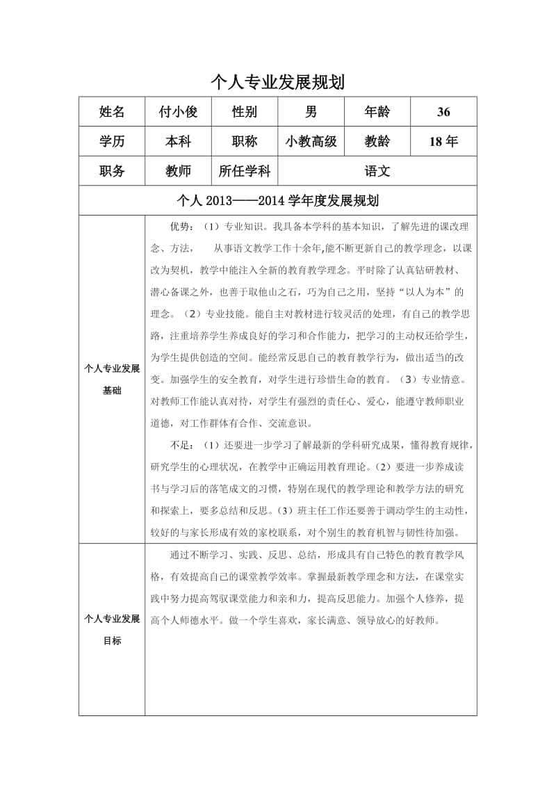 个人专业发展规划(付小俊).doc_第1页