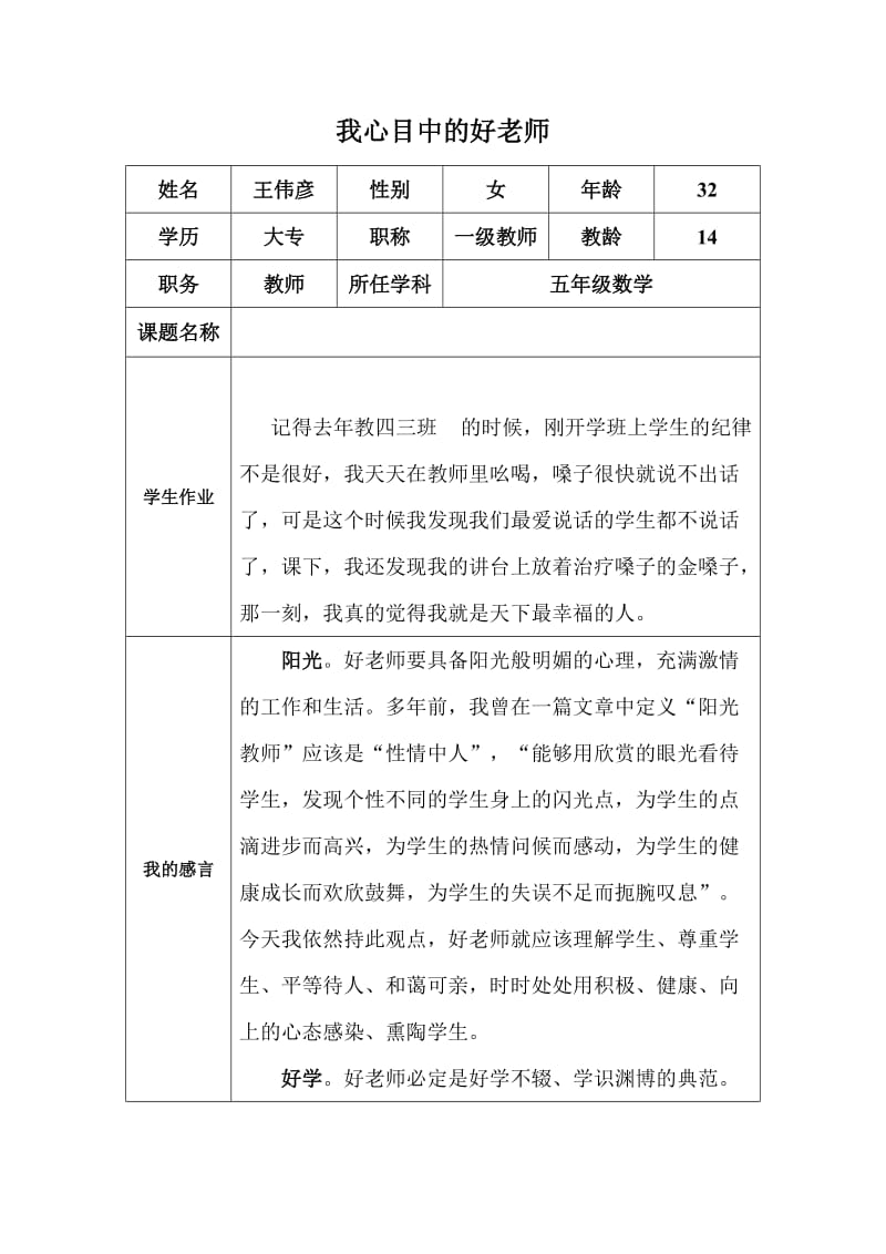 王伟彦心目中好老师感言.docx_第1页