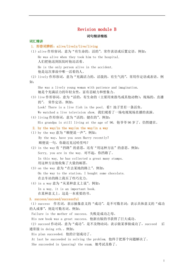 2018-2019学年九年级英语上册 Revision module B词句精讲精练（含解析）（新版）外研版.doc_第1页