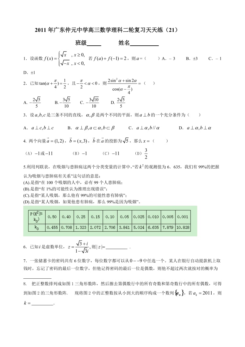 2011年广东仲元中学高三数学理科二轮复习天天练21(印刷).doc_第1页