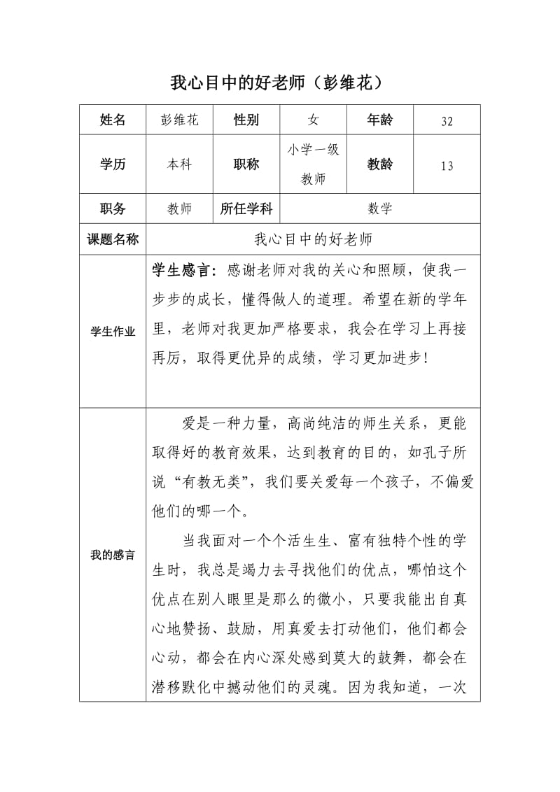 “我心目中的好老师“感言(彭维花）.docx_第1页