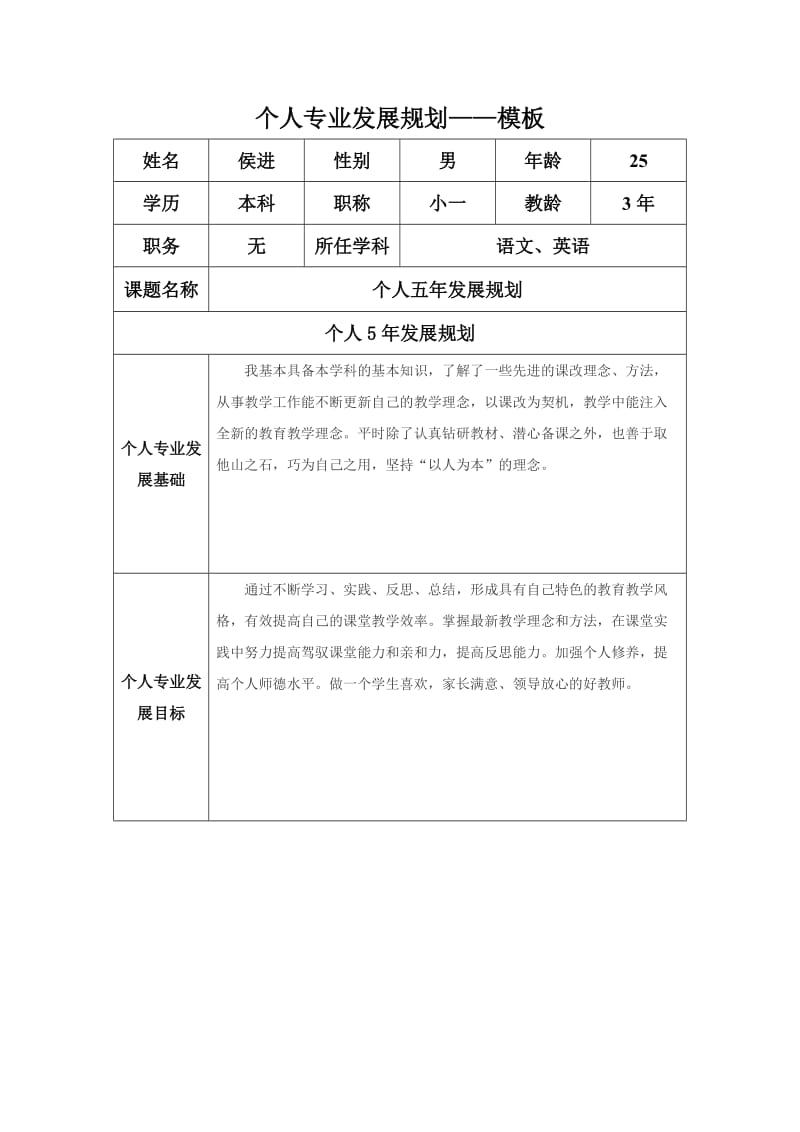 个人专业发展规划模板(侯进).docx_第1页