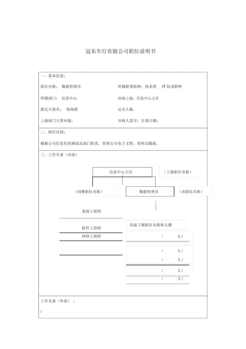 冠东车灯公司信息中心数据管理员职位说明书.docx_第1页