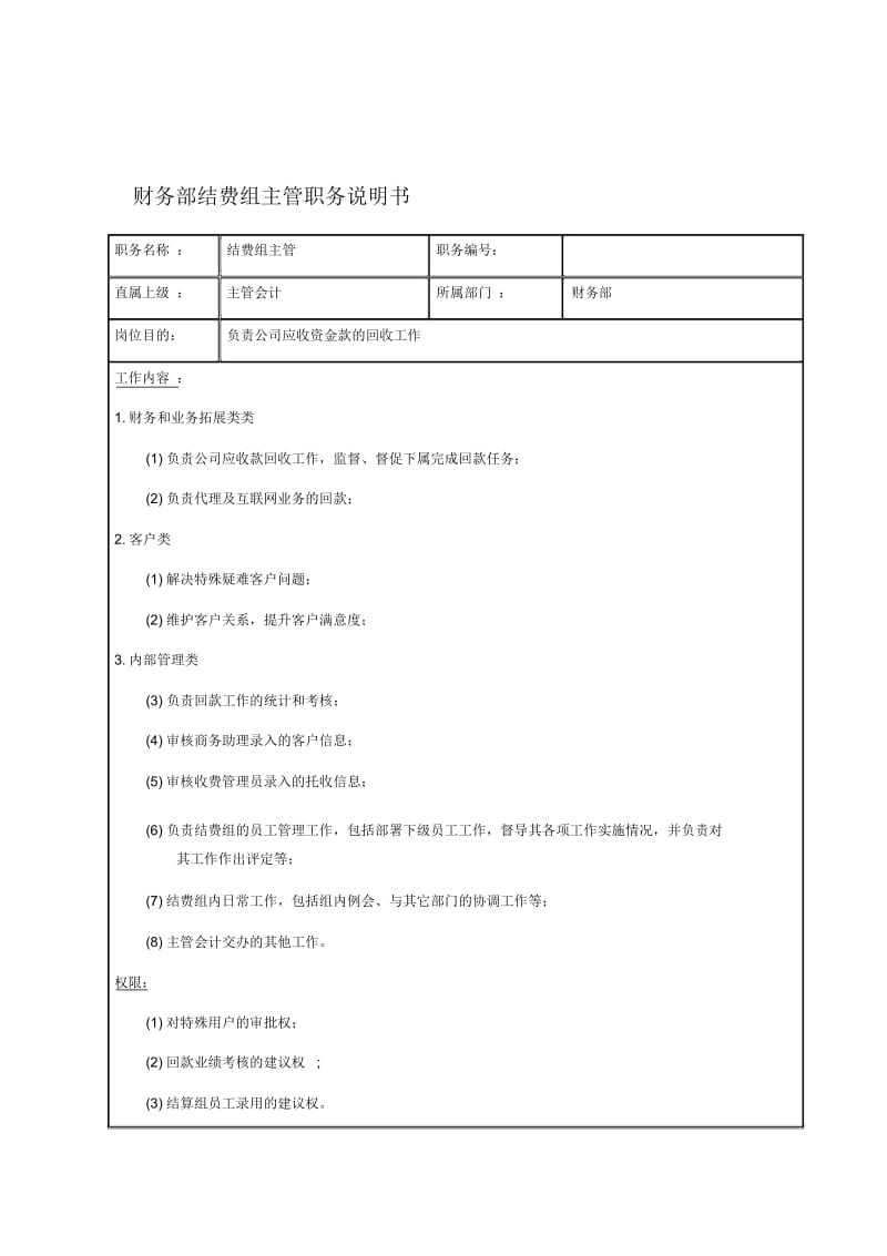 国安创想公司财务部结费组主管职务说明书.docx_第1页