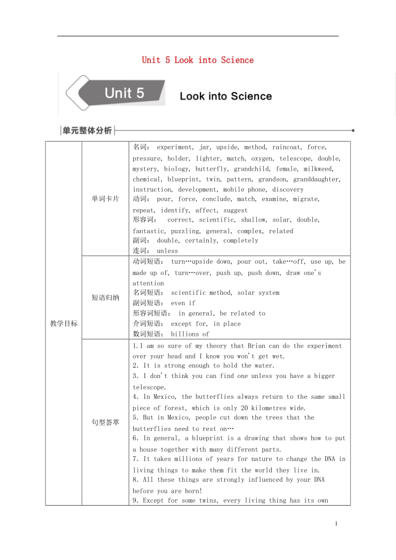 2018年秋九年级英语上册 Unit 5 Look into Science整体分析、话题相关链接素材 （新版）冀教版.doc_第1页