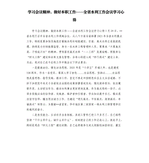 学习会议精神做好本职工作——全省水利工作会议学习心得参考模板.docx