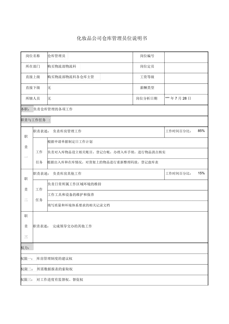 化妆品公司仓库管理员岗位说明书.docx_第1页