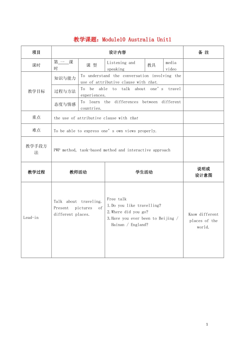 2019学年九年级英语上册 Module 10 Australia Unit 1 I have some photos that I taook in Australia last year教案 （新版）外研版.doc_第1页