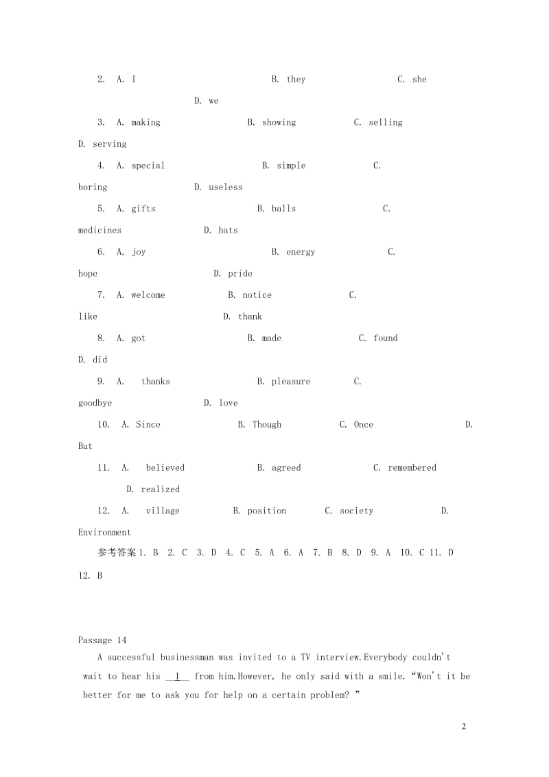 2019中考英语 完形填空选练（12）.doc_第2页