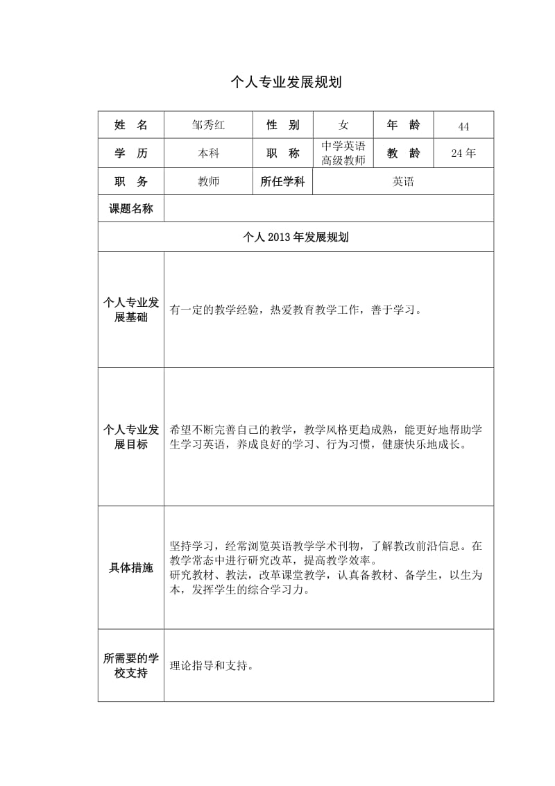 个人专业发展规划模板邹秀红.doc_第1页