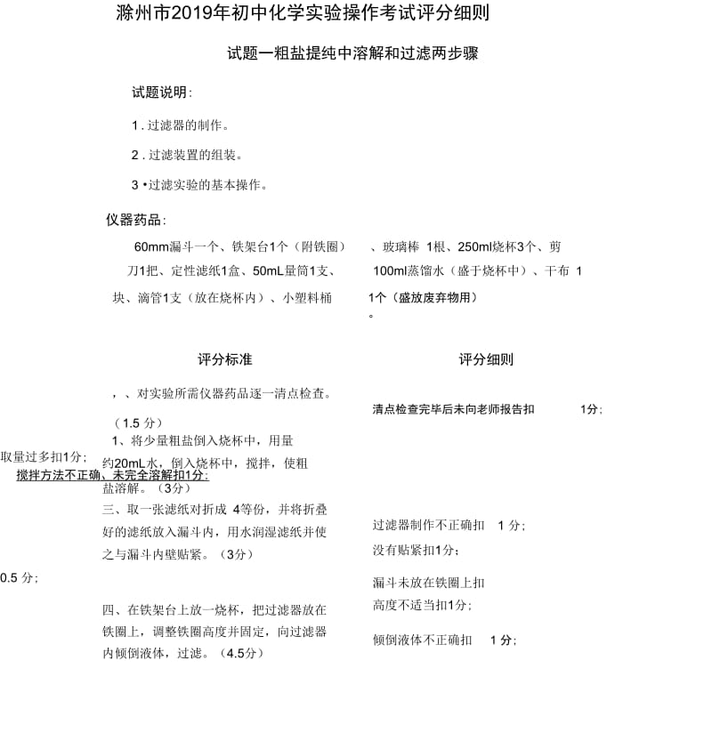 滁州市2019年初中化学、生物实验操作考试评分细则.docx_第1页