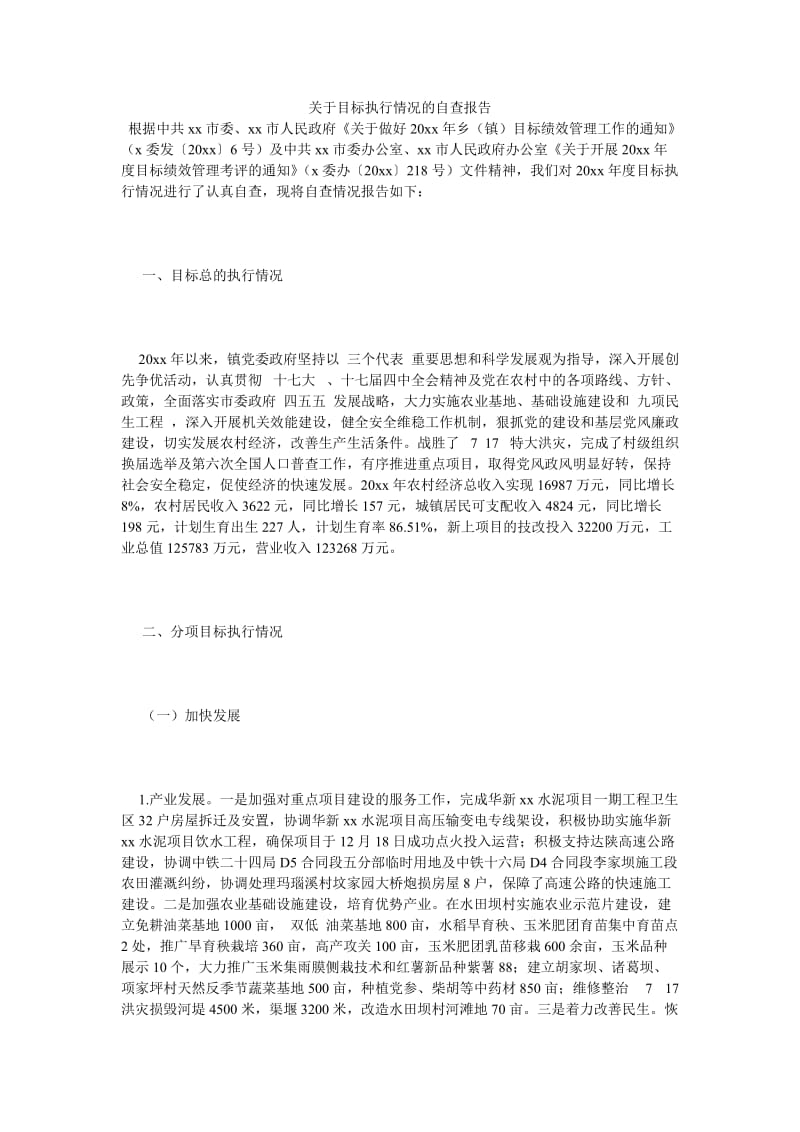 《关于目标执行情况的自查报告》.doc_第1页