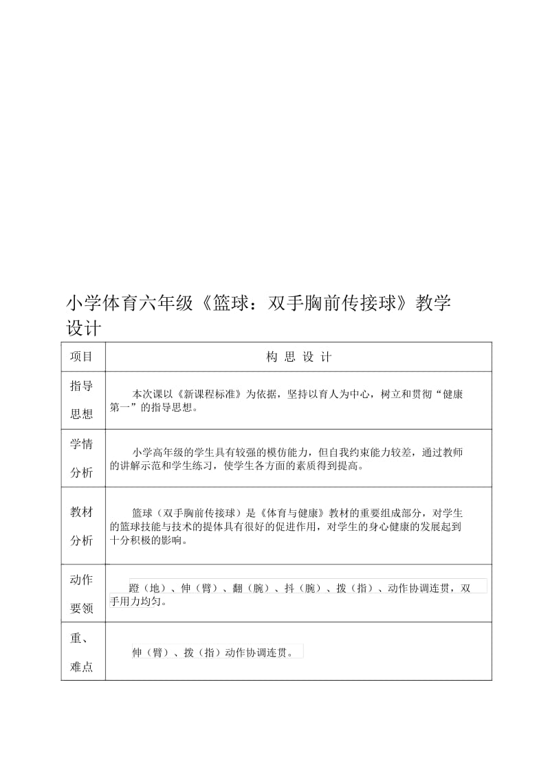 小学体育六年级《篮球：双手胸前传接球》教学设计.docx_第1页