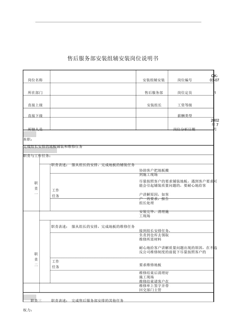 乾坤木业公司售后服务部员工岗位说明书办法6.docx_第1页