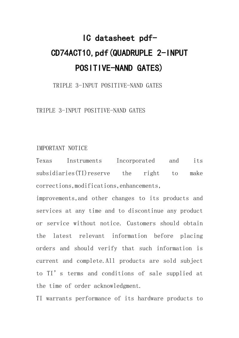 IC datasheet pdf-CD74ACT10,pdf(QUADRUPLE 2-INPUT POSITIVE-NAND GATES).docx_第1页