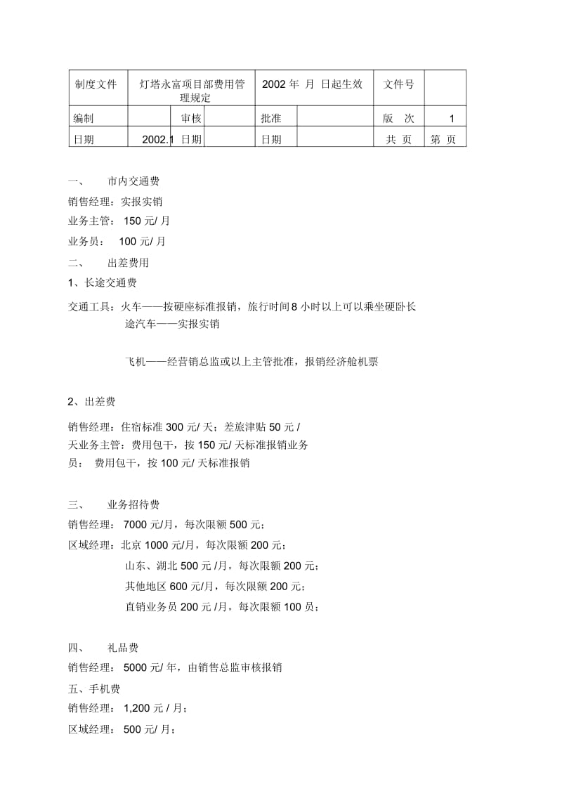 远卓—天津灯塔—管理制度—灯塔永富项目部费用管理规定.docx_第1页