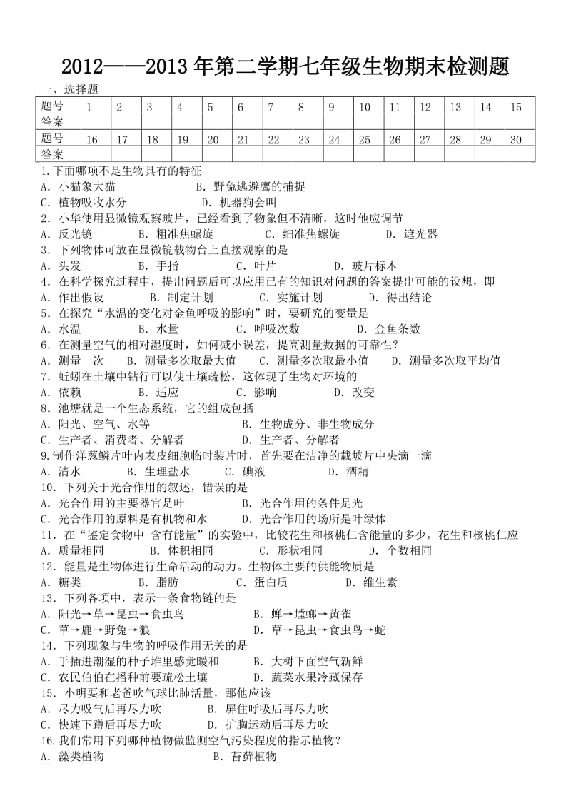 2012-2013第二学期七年级生物期末试题.doc_第1页