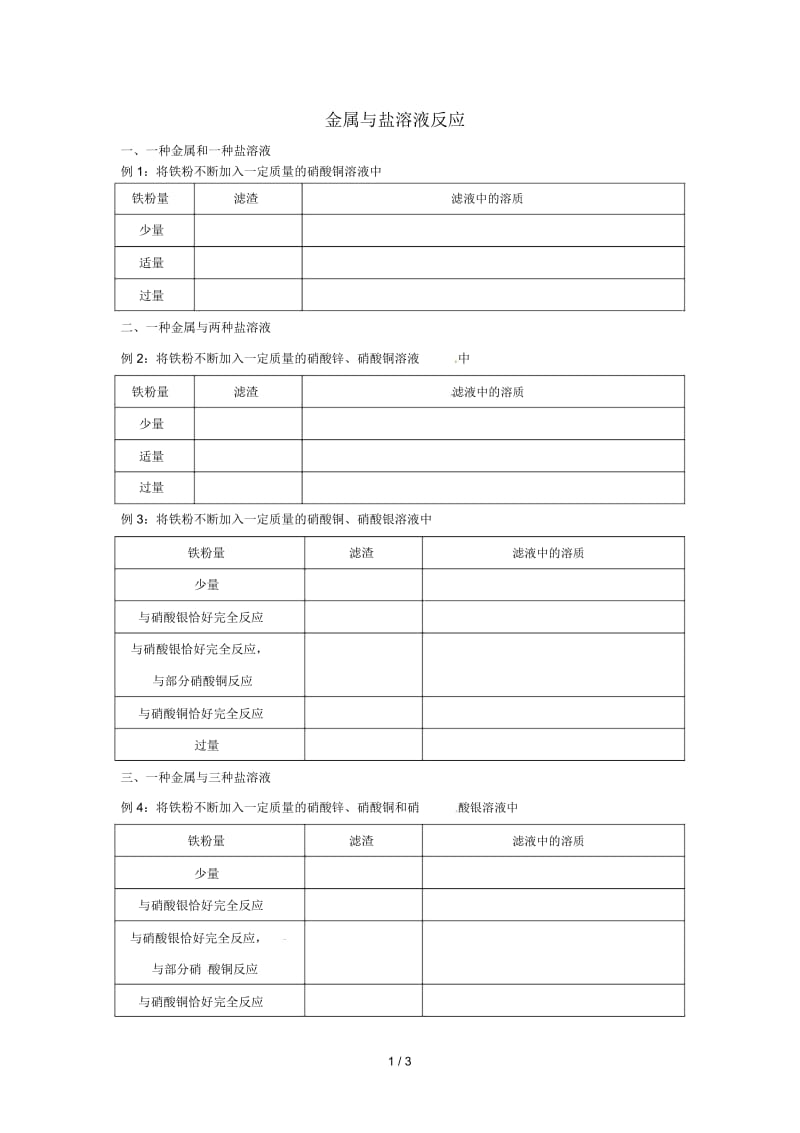 山东省济宁市任城区九年级化学全册第四单元金属金属与盐溶液反应复习同步测试(无答案)鲁教版五四制.docx_第1页