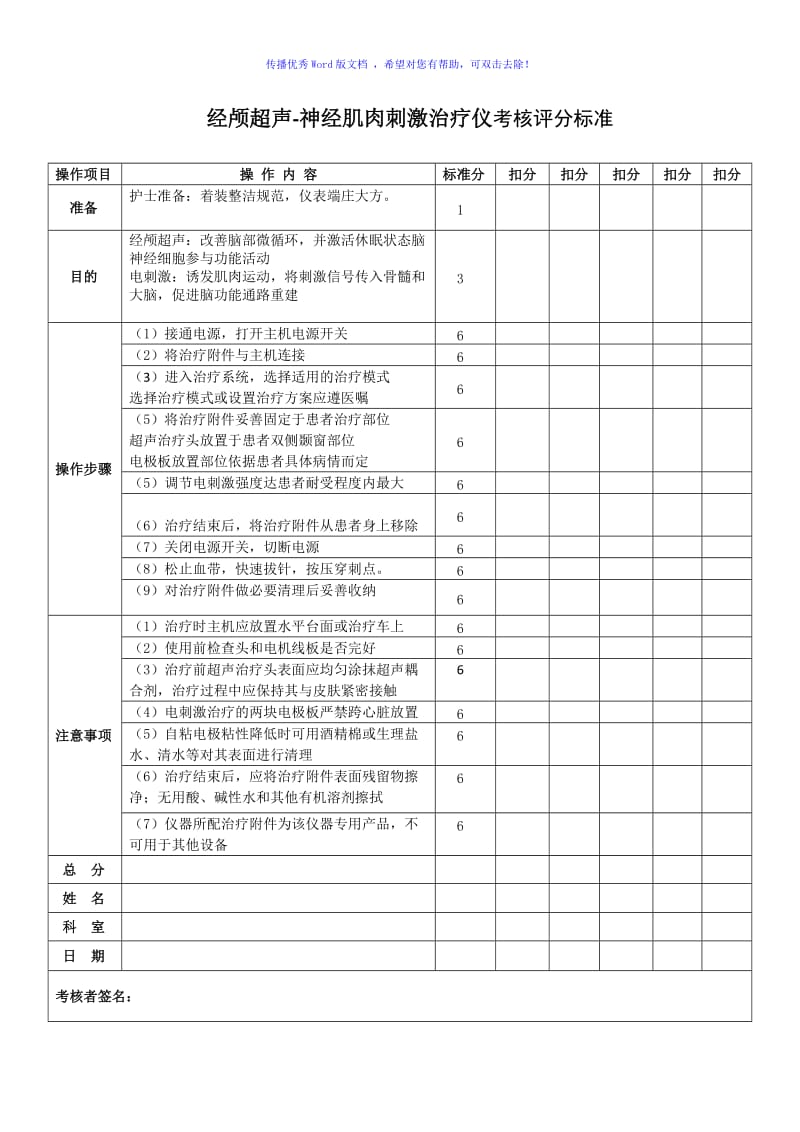 经颅超声-神经肌肉刺激治疗仪考核评分标准Word编辑.doc_第1页