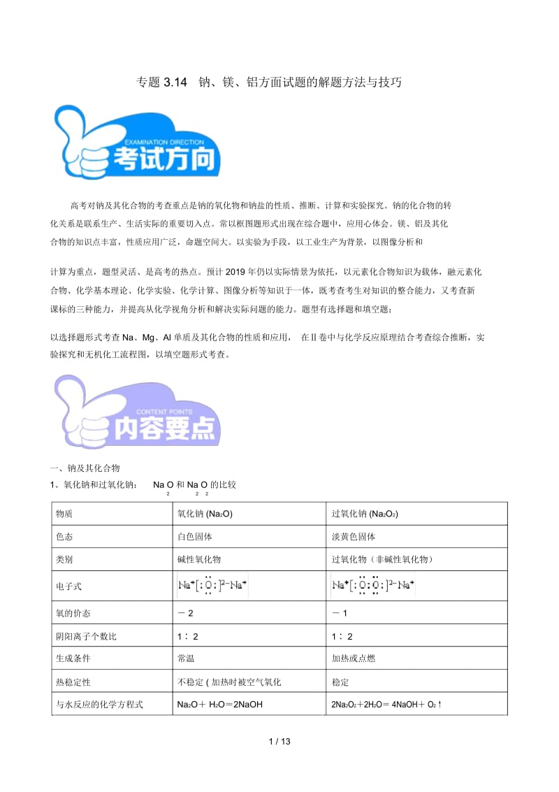 2019年高考化学艺体生百日突围系列专题3.14钠镁铝方面试题.docx_第1页