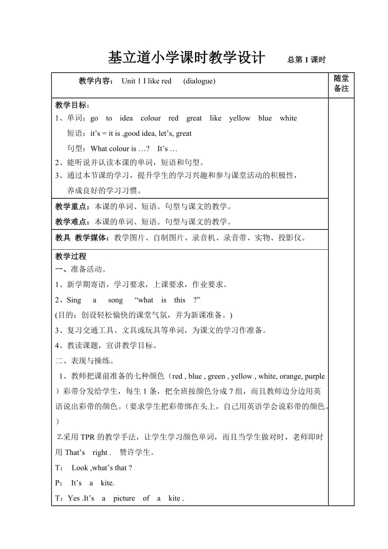 三年级下册Module1 Unit 1 I like red (dialogue) .doc_第1页