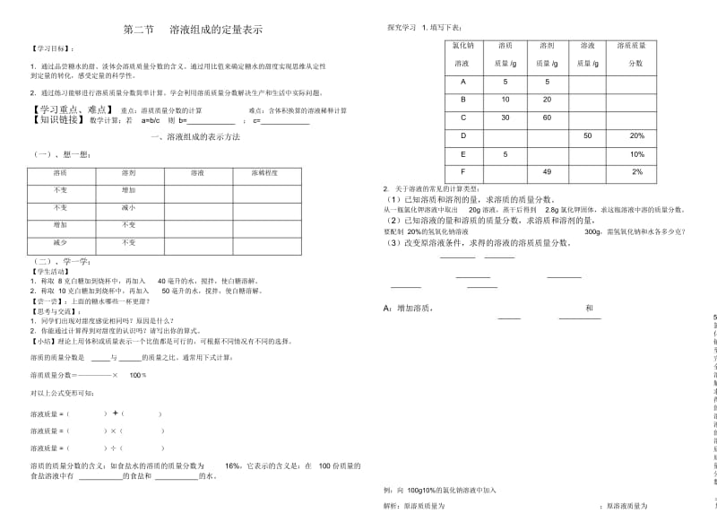 鲁教版九年级化学上册32溶液组成的定量表示导学案(无答案).docx_第1页