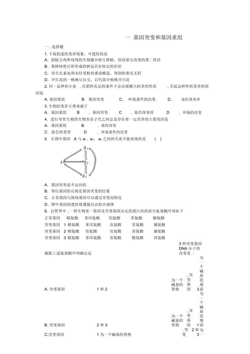 高中生物《基因突变和基因重组》同步练习3苏教版必修.docx_第1页